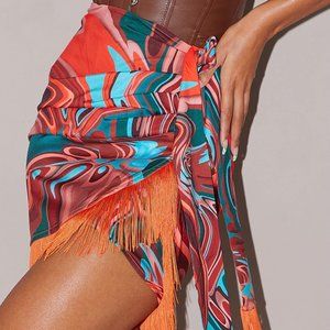 PLT- Rust Marble Print Woven Tassel Tie Waist Wrap Skirt